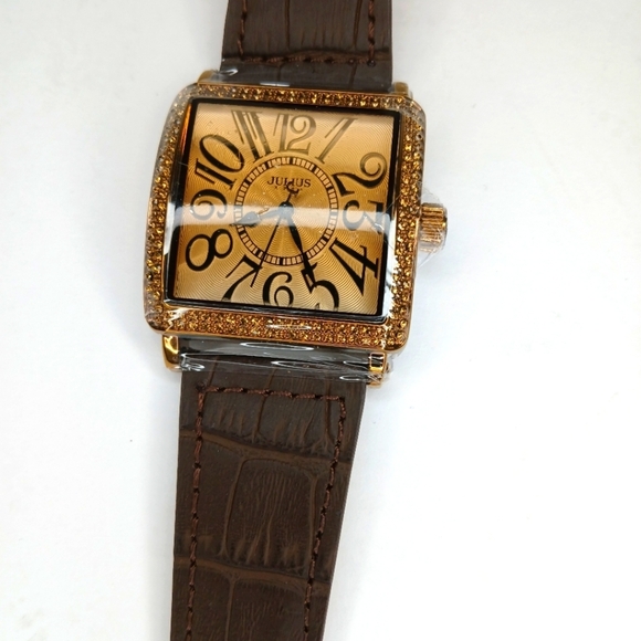 Brown Julius Watch Rhinestones Genuine Leather Straps Water Resistant - Picture 1 of 7